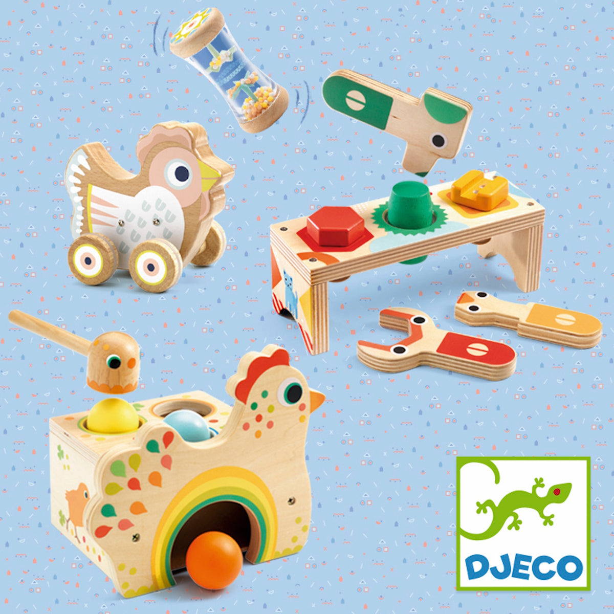 Colorful Djeco wooden toddler toys including a chicken pound-a-ball, shape sorter, and rolling hen on blue.