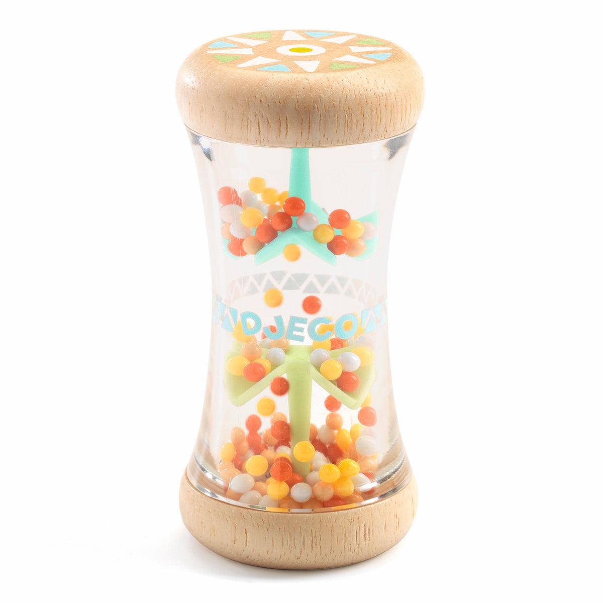 Djeco BabyRaini wooden rainmaker toy with colorful beads and clear tube for sensory play and auditory stimulus.