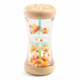 Djeco BabyRaini wooden rainmaker toy with colorful beads and clear tube for sensory play and auditory stimulus.