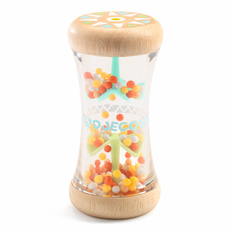 Djeco BabyRaini wooden rainmaker toy with colorful beads and clear tube for sensory play and auditory stimulus.