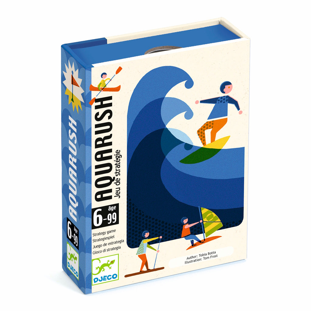 The image shows the box cover of "Aquarush," a strategy game for ages 6 to 99. It features colorful illustrations of surfers and a large wave.