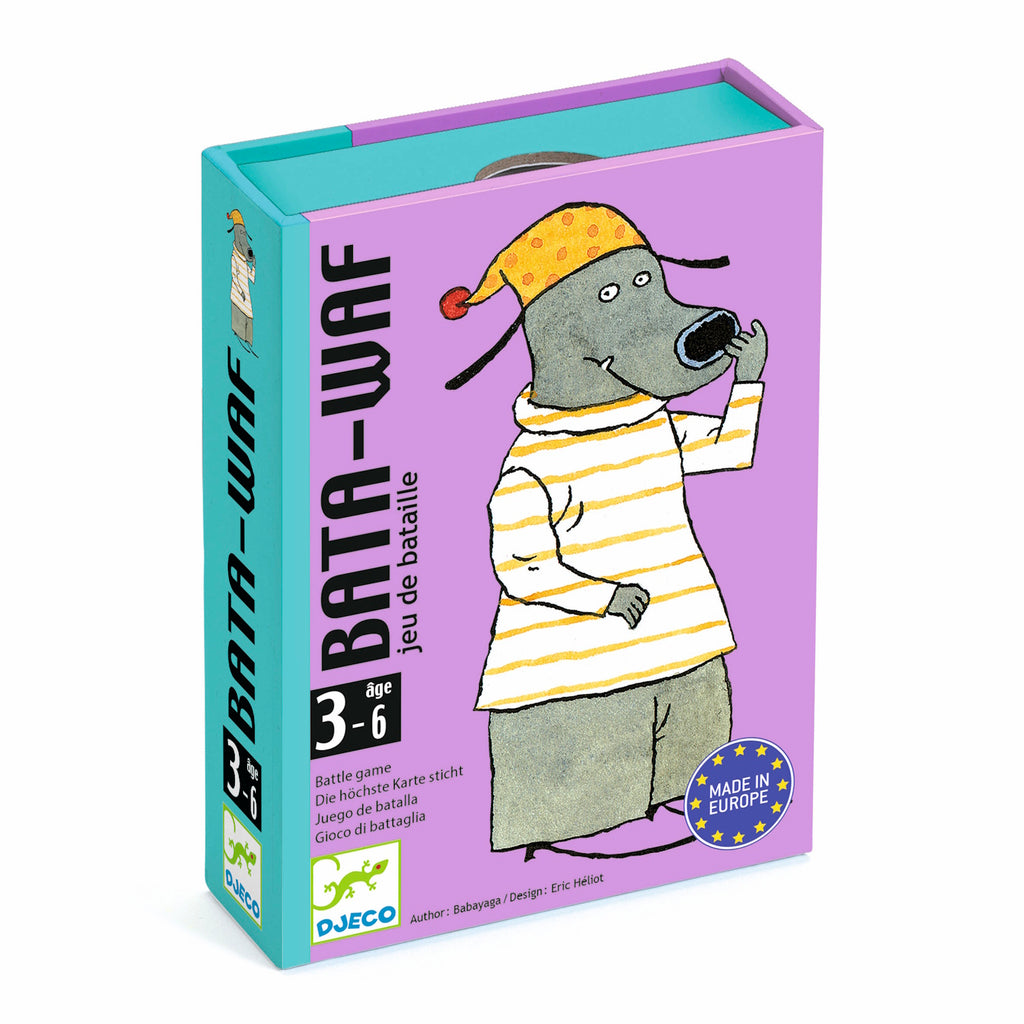 Box for "Bata-Waf" card game by Djeco for ages 3-6. Features a cartoon dog in a striped sweater and polka-dot hat. Bright and playful design.