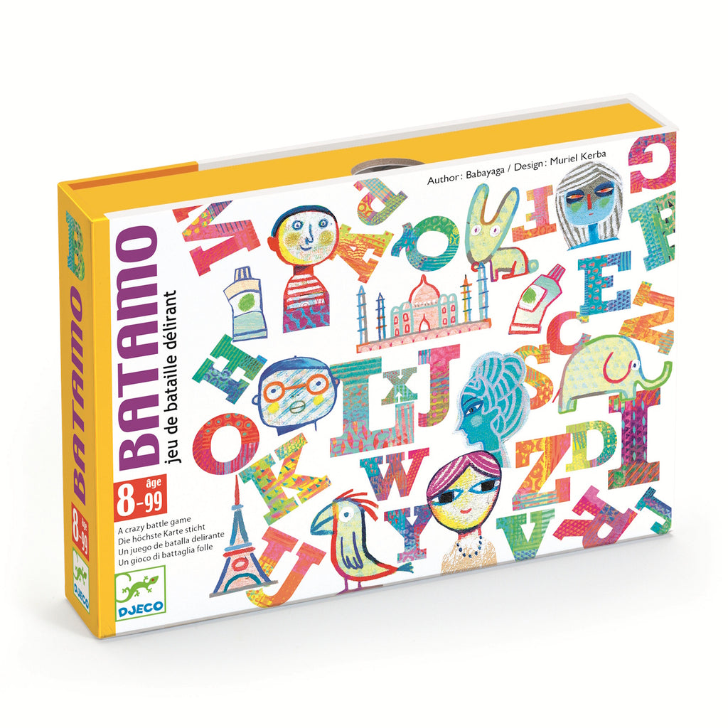 Colorful board game box titled "Batamo" for ages 8 to 99, featuring playful alphabet letters, whimsical faces, animals, and landmarks. Vibrant, fun design.