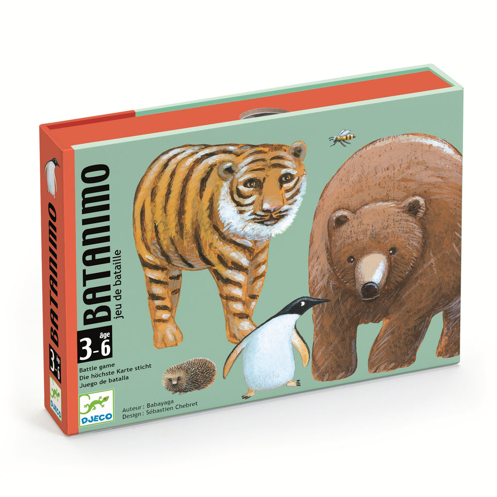 Box of a children's card game titled "Batanimo," featuring an illustrated tiger, bear, and penguin on a light teal background. The design is vibrant and playful.