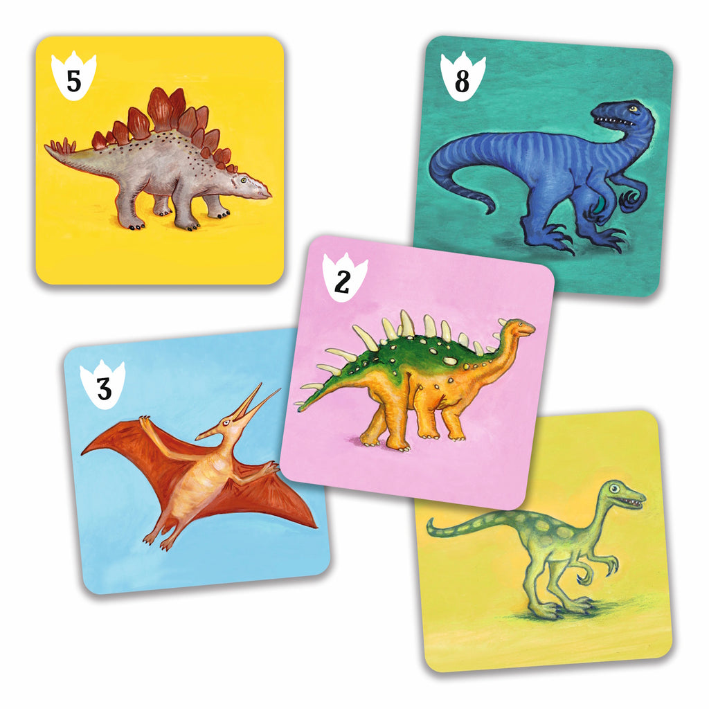 Illustrated dinosaur cards, each with a colorful background. Cards show different dinosaurs with numbers: 5, 8, 3, 2. Playful and vibrant design.