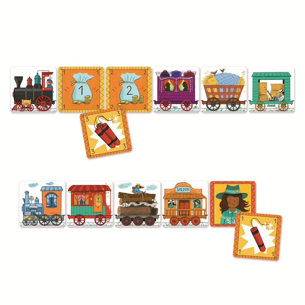 Illustrated train cards with colorful carriages, baggage, and characters. The pieces connect in a playful pattern with dynamite and number tiles.