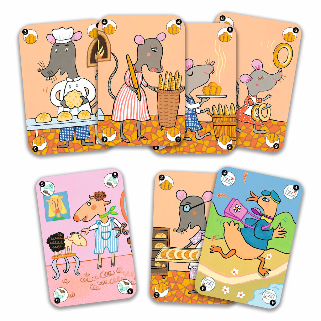 Illustrated cards show whimsical animals baking, carrying bread, and performing various activities. Bright, cheerful colors and playful scenes.