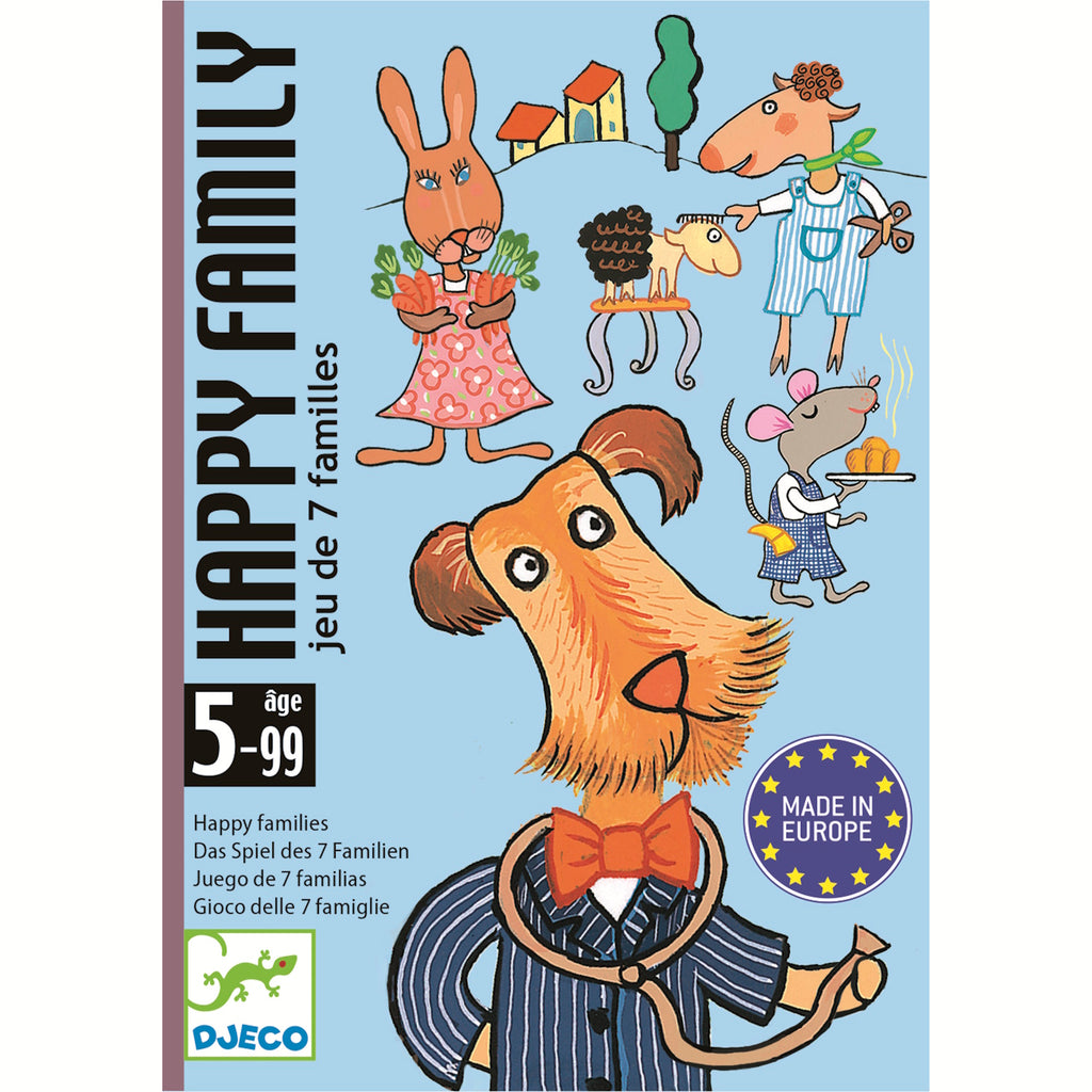 Fun, colorful box for "Happy Family" card game. Features anthropomorphic animals in playful attire with cheerful expressions. Ages 5-99.
