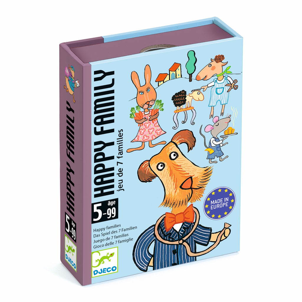 Fun, colorful box for "Happy Family" card game. Features anthropomorphic animals in playful attire with cheerful expressions. Ages 5-99.