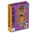 Purple game box titled "Magic Match" with a cartoon bear in a hat and suspenders. Includes age range 4-12 and playful icons like a snail and flower.