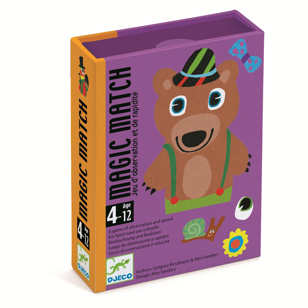 Purple game box titled "Magic Match" with a cartoon bear in a hat and suspenders. Includes age range 4-12 and playful icons like a snail and flower.