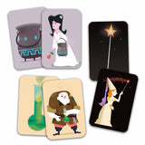 Five illustrated cards feature fantasy themes: a woman with a cauldron and flower, a star-tipped wand, a lab flask, a man holding a beaker, and a princess with a wand. The tone is whimsical and magical.