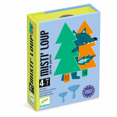 Box of "Misti' Loup" card game for ages 4-7. Features a playful wolf hiding behind green and orange trees on a blue background. Lively and fun.