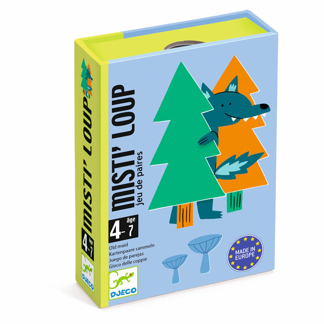 Box of "Misti' Loup" card game for ages 4-7. Features a playful wolf hiding behind green and orange trees on a blue background. Lively and fun.