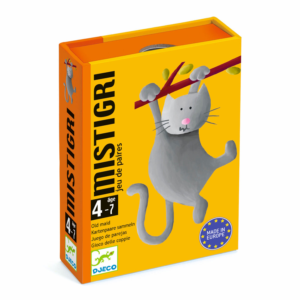 Bright yellow card game box featuring a cute gray cat hanging on a branch. Text reads "Mistigri, jeu de paires," for ages 4-7. Playful and inviting.