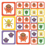 Grid of colorful, cartoonish monsters in squares. Each row features varied creatures with vivid expressions and hues: red, yellow, green, and purple. Playful and whimsical vibe.