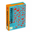 Blue game box with red cartoon fish and white eyes fills the cover. Text reads "Mysterax," an observation game for ages 4-12. Playful and vibrant.