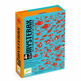 Blue game box with red cartoon fish and white eyes fills the cover. Text reads "Mysterax," an observation game for ages 4-12. Playful and vibrant.