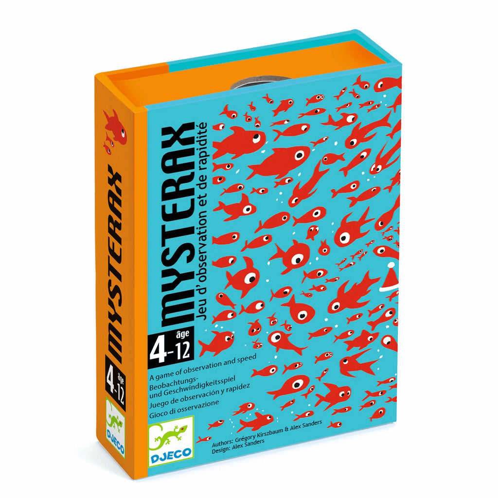 Blue game box with red cartoon fish and white eyes fills the cover. Text reads "Mysterax," an observation game for ages 4-12. Playful and vibrant.