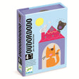 Box of a children's game titled "Oudordodo." Features a colorful house, a cartoon cat at the door, and a bear on the roof. Ages 4-7, deduction game.