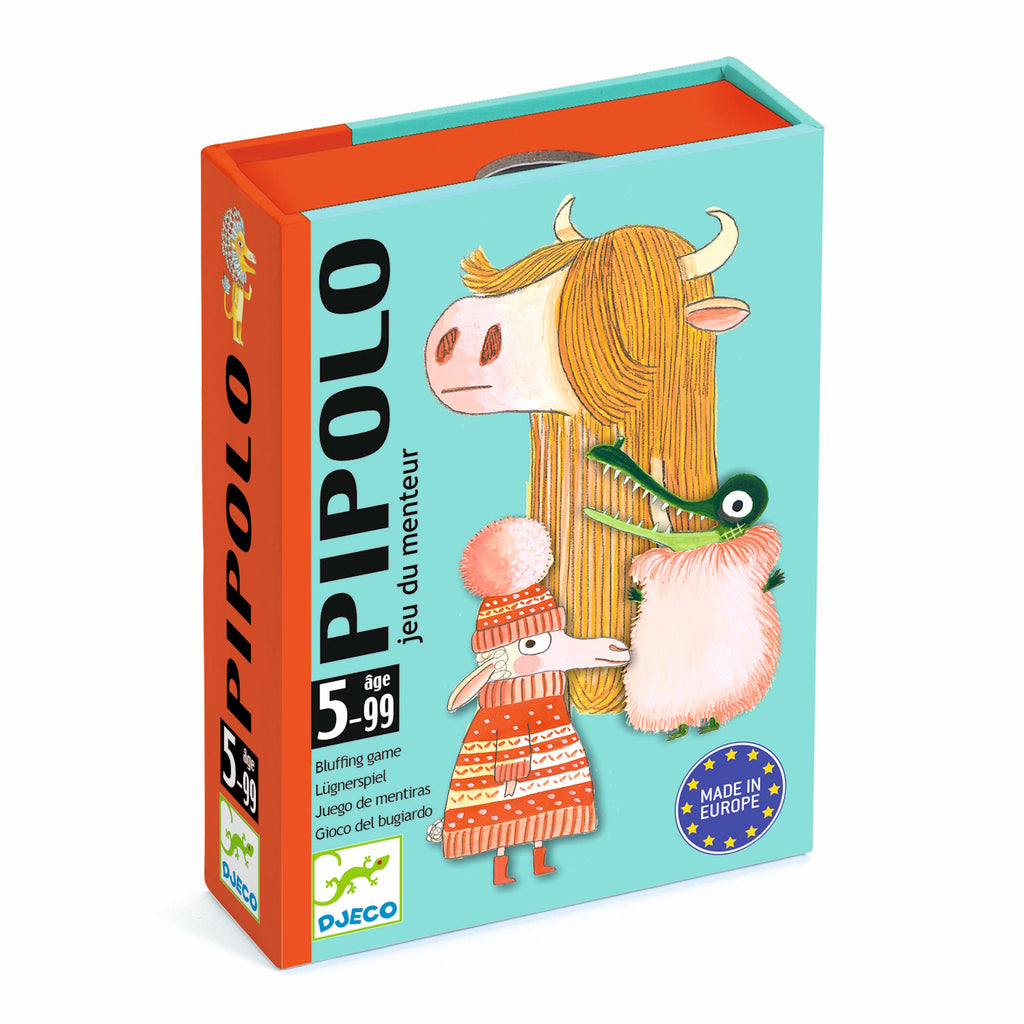 Box of the game "Pipolo" features playful art with a cow, sheep, and bird in quirky outfits. Bright colors suggest a fun, whimsical tone.