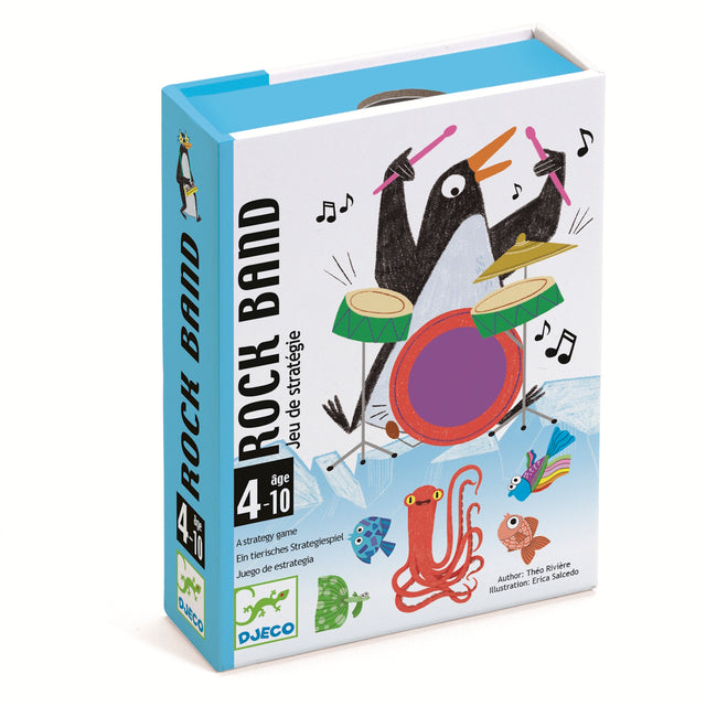 A colorful game box features a penguin joyfully playing drums, surrounded by musical notes and whimsical sea creatures, conveying a lively, playful tone.