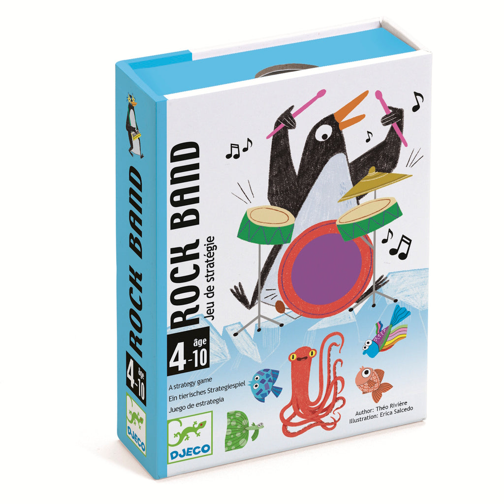 A colorful game box features a penguin joyfully playing drums, surrounded by musical notes and whimsical sea creatures, conveying a lively, playful tone.