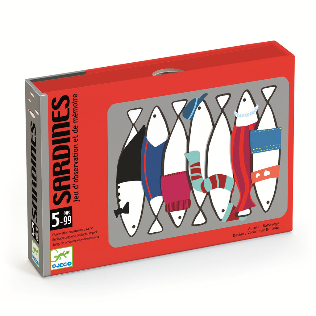 A brightly colored game box labeled "Sardines" in bold text features stylized fish with clothing and accessories against a red background. Suitable for ages 5 to 99.