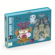 Blue box of "Spooky Boo!" game featuring whimsical art; an owl with antlers, an octopus, a haunted house, bats, and a mouse. Mood: eerie, playful.
