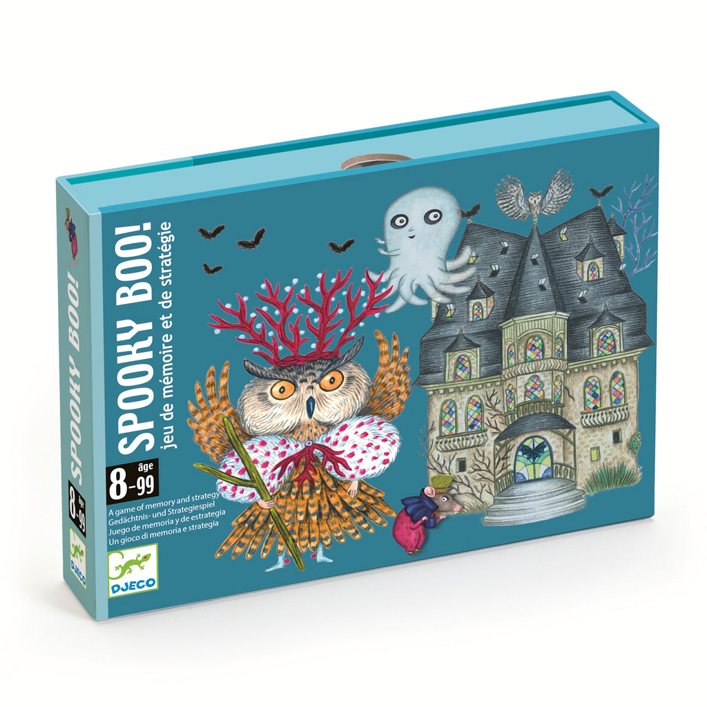 Blue box of "Spooky Boo!" game featuring whimsical art; an owl with antlers, an octopus, a haunted house, bats, and a mouse. Mood: eerie, playful.