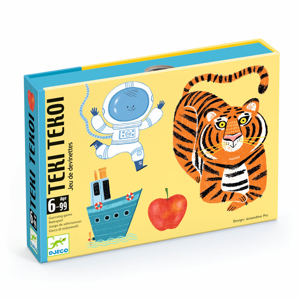 Box of a guessing game titled "Teki Tekoi" for ages 6-99. Features playful illustrations of an astronaut, a tiger, an apple, and a ship on a yellow background.