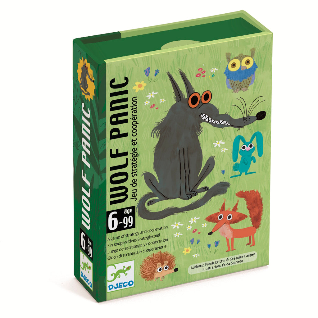 Green game box titled "Wolf Panic" for ages 6-99. Features a cartoon wolf, fox, rabbit, and owl, with a playful, cooperative theme.