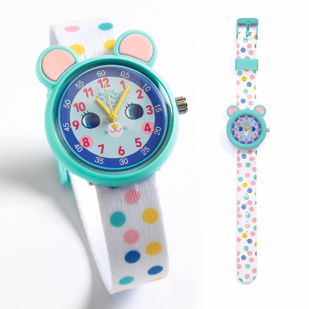 Children's wristwatch with a turquoise bear-shaped face, pink ears, and a cat design. The white strap features colorful polka dots, creating a playful vibe.