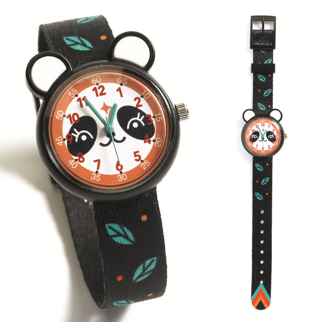 Children's watch with a panda face dial and black bear ears on the sides. The black strap features teal leaves and orange dots, creating a playful design.