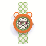 Kids' watch with an orange raccoon-eared case, raccoon dial face, and green polka dot strap.