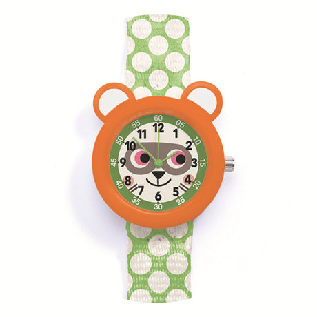 Kids' watch with an orange raccoon-eared case, raccoon dial face, and green polka dot strap.