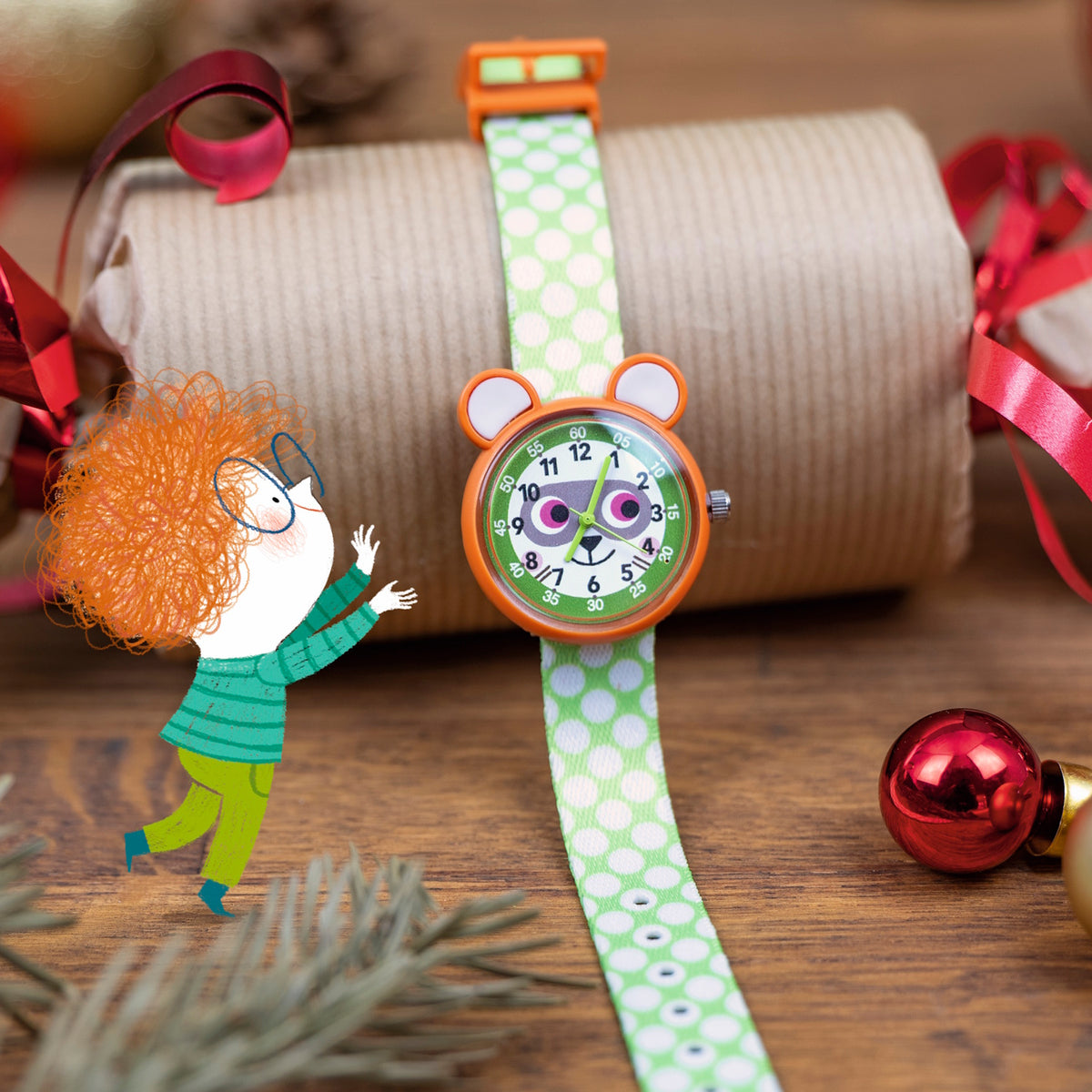 Raccoon children's watch displayed against a Christmas gift wrapped in brown paper with decorations.