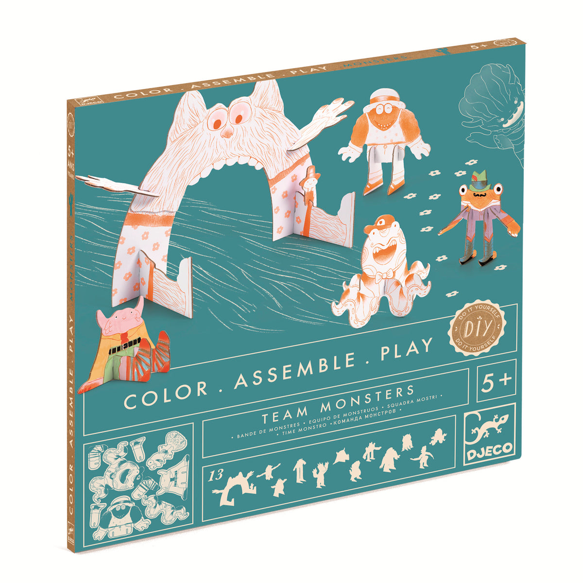 Box of Djeco DIY paper monster figures for kids aged 5+, featuring colorful, whimsical monster designs against a teal background. Text reads "Color, Assemble, Play."