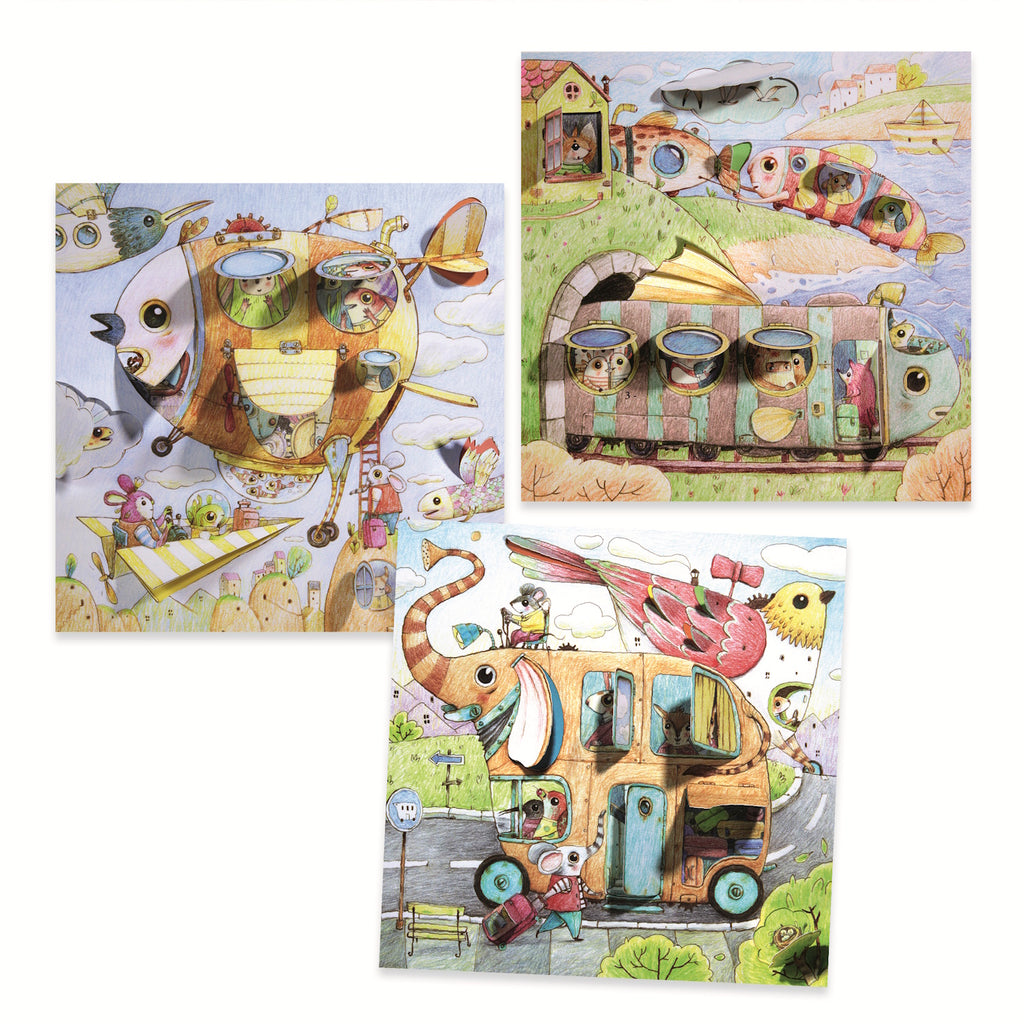 This set features 8 double-sided coloring cards, each measuring 20 x 20 cm, that depict scenes from Malo's imaginative journey.