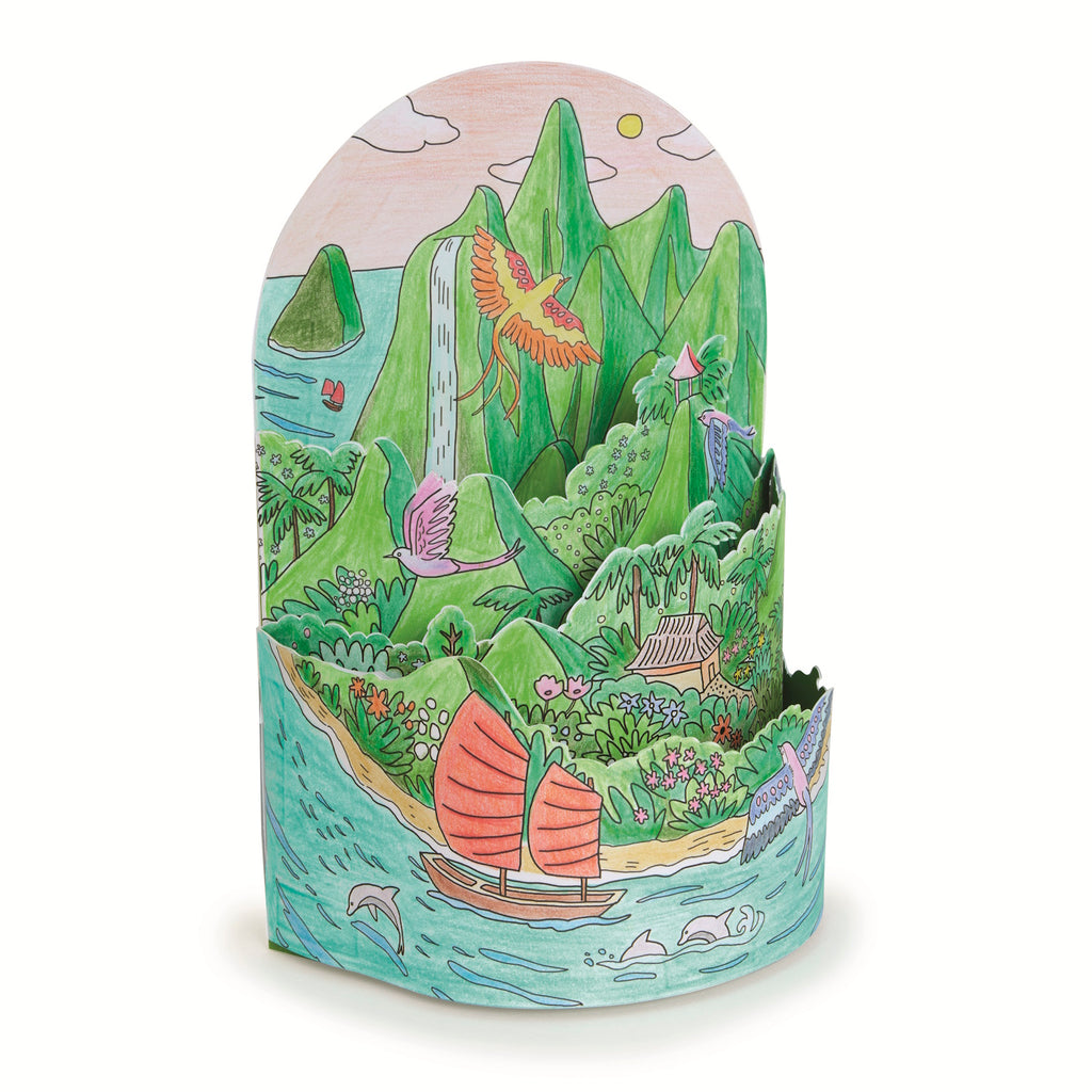 Showcasing a detailed, imaginative island scene with animals, nature, and playful elements for children to colour.