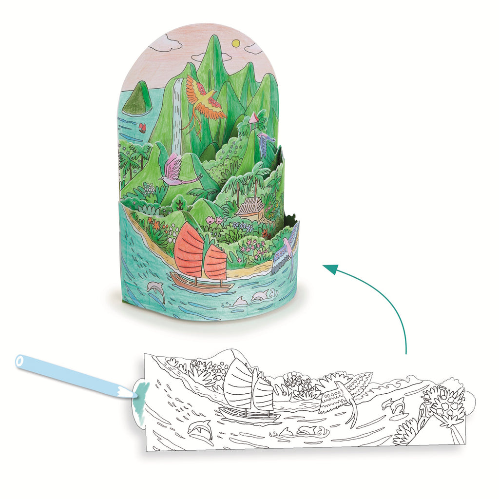 Showcasing a detailed, imaginative island scene with animals, nature, and playful elements for children to colour.