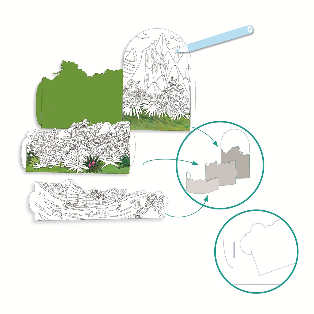 Showcasing a detailed, imaginative island scene with animals, nature, and playful elements for children to colour.