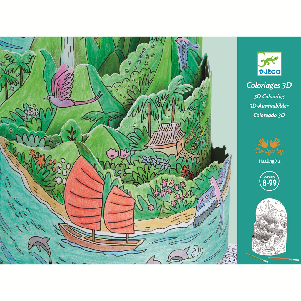Showcasing a detailed, imaginative island scene with animals, nature, and playful elements for children to colour.