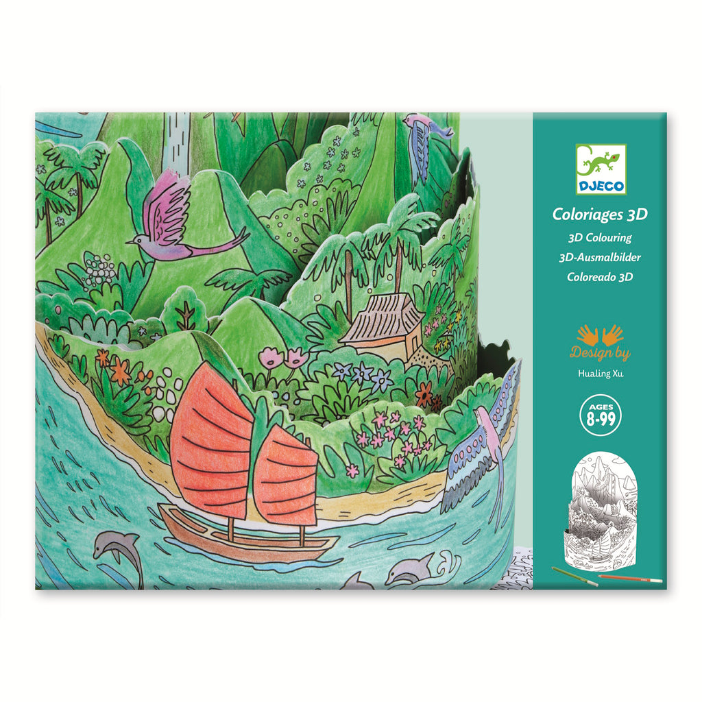 Showcasing a detailed, imaginative island scene with animals, nature, and playful elements for children to colour.