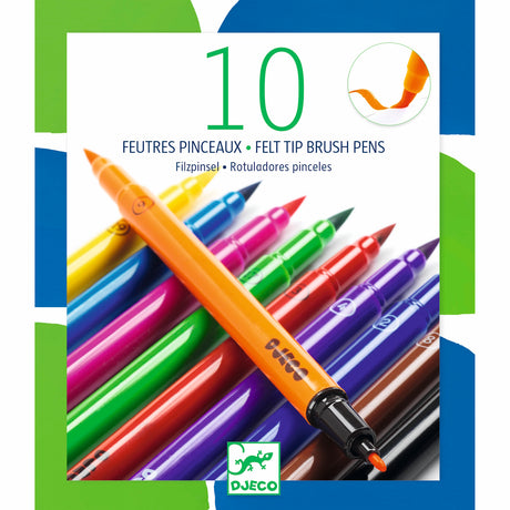 A colorful set of ten felt tip brush pens arranged diagonally on a white background with green and blue accents. The Djeco logo is visible at the bottom.