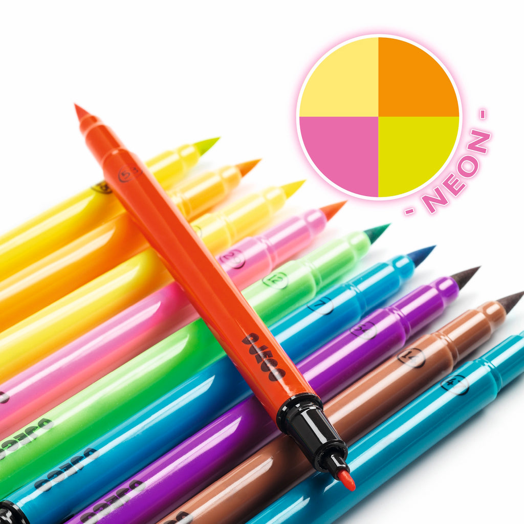 A set featuring ten vibrant, dual-tip felt pens with soft brush tips, perfect for bold and creative colouring.
