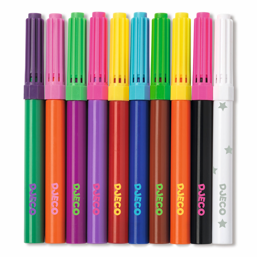 A set including nine colourful felt pens and one white magic pen that changes the colours, adding a fun twist to drawing and colouring.