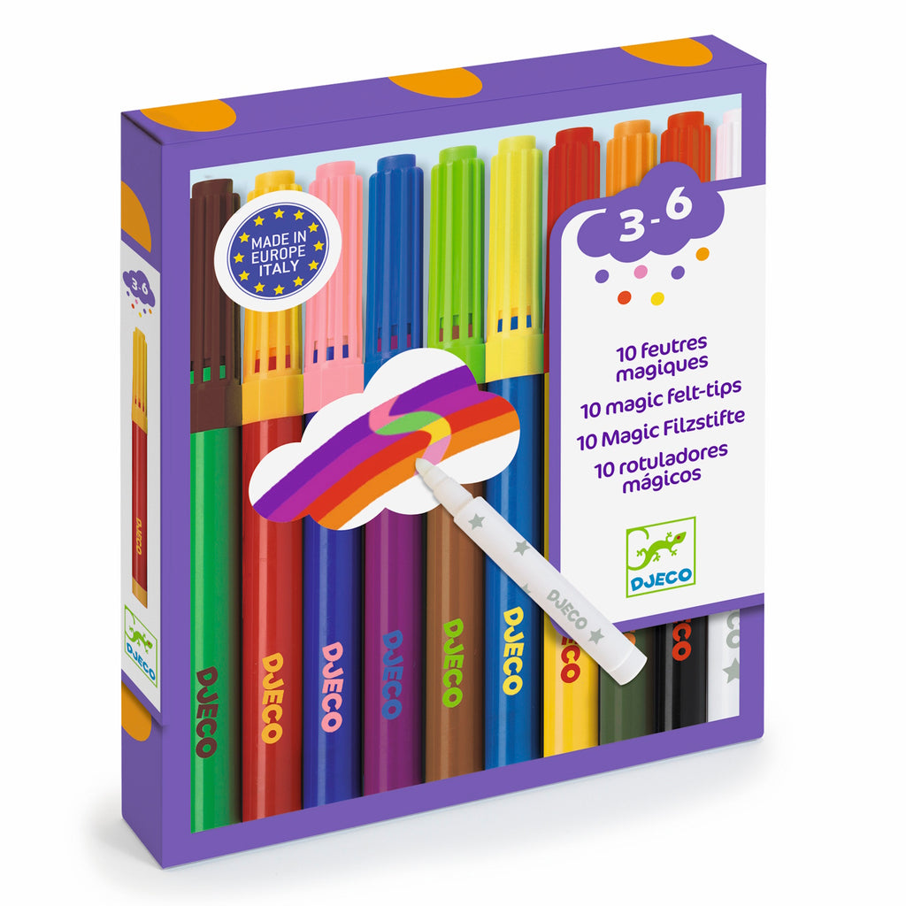A set including nine colourful felt pens and one white magic pen that changes the colours, adding a fun twist to drawing and colouring.