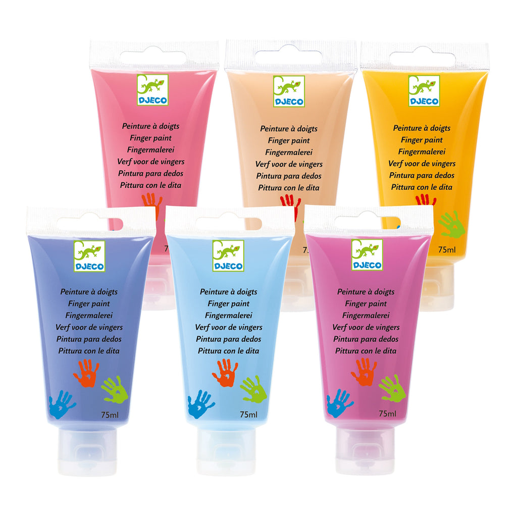 A set with soft, pastel-coloured washable paints in easy-squeeze tubes, perfect for toddlers' sensory and creative play.