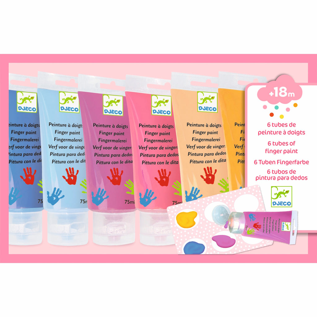 A set with soft, pastel-coloured washable paints in easy-squeeze tubes, perfect for toddlers' sensory and creative play.